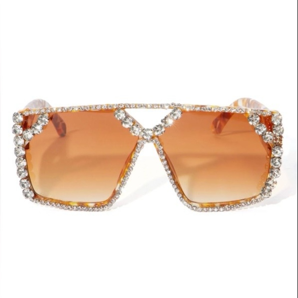 OVERSIZED SQUARE SUNGLASSES RHINESTONE EMBELLISHED BROWN LENS TORTOISE SHELL NEW - Picture 2 of 14